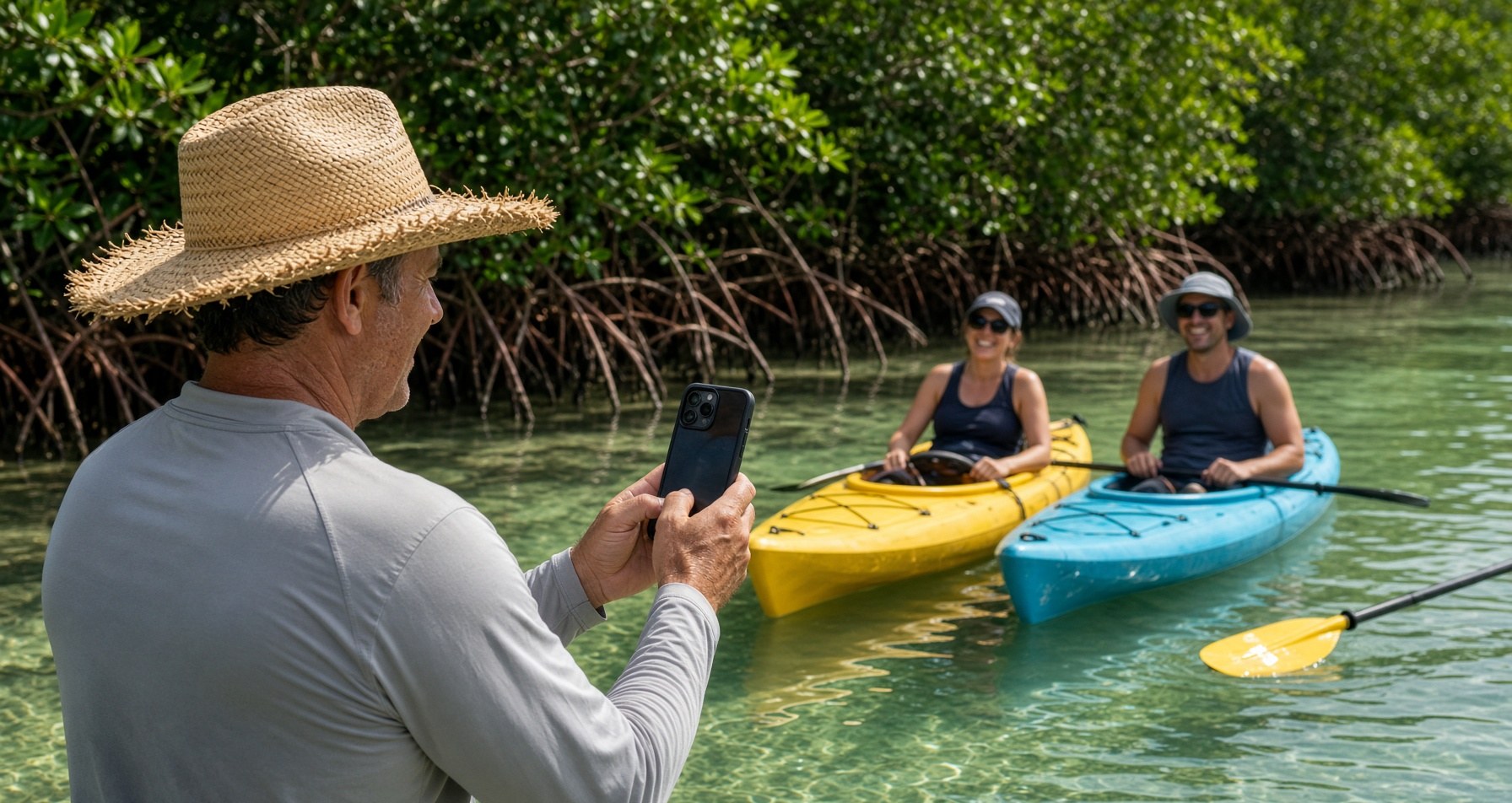 Kayak guide photographing guests on the water
