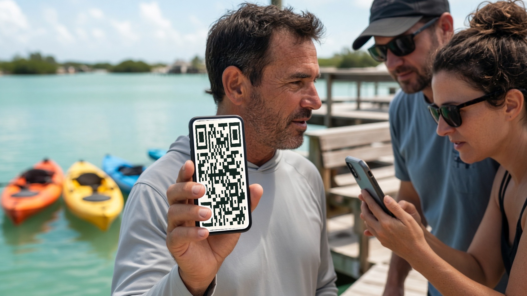 Guide holding a phone with a QR code on the screen while guests scan it